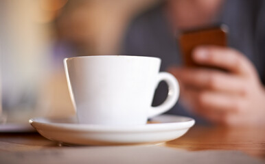 Freelancer, hands and phone with person coffee shop for online review, customer feedback and report. Small business, remote worker and cafe reputation with client closeup in restaurant for lunch