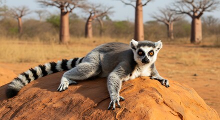 Fototapeta premium Lémurien à queue annelée allongé sur un rocher avec des baobabs en arrière-plan. Photo de stock pour la faune de Madagascar, les animaux sauvages, la nature et les primates.
