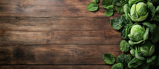 Fresh green cabbages and mint leaves on a rustic wooden table with ample copy space for text placement