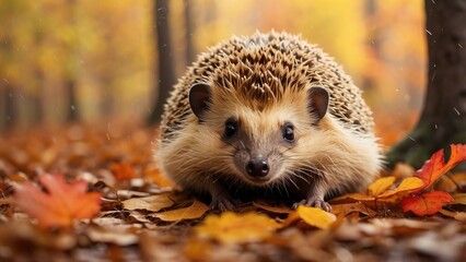 Fototapeta premium Curious Young Hedgehog Foraging Among Autumn Leaves and Mushrooms on a Rainy Day