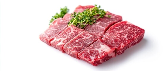 Obraz premium Raw marbled beef strips with fresh thyme garnishing on a white background Copy Space