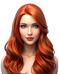 Fototapeta premium 3d cartoon beautiful woman with long red hair, isolated on the white background