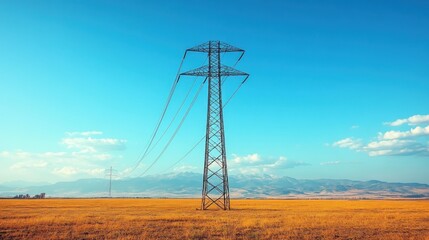 Tall electricity pylon in golden field, mountains background, energy infrastructure