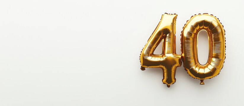 Golden number 40 balloons on white background with copy space for birthday celebration decoration concepts