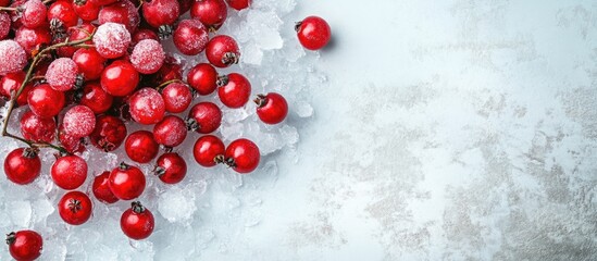 Frosted red berries on crushed ice with light blue background and ample copy space for text placement