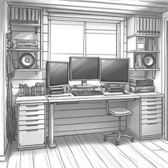 Home office design, triple monitor setup, wooden walls, workspace