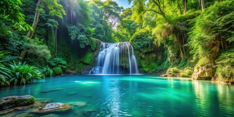 Fototapeta premium A serene waterfall cascades into a crystal-clear pool surrounded by lush foliage, creating a tranquil oasis in the heart of the rainforest.