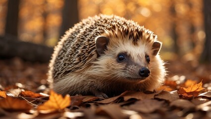 Fototapeta premium A Charming Hedgehog Exploring Fall Foliage in a Sun-Dappled Forest