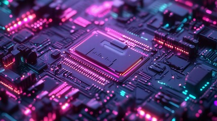 Obraz premium A vibrant close-up of a futuristic circuit board with glowing components, showcasing technology and innovation in a digital world.