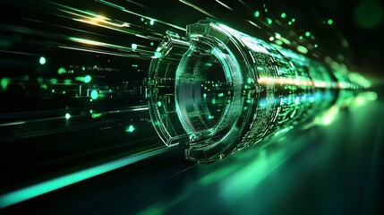 Futuristic green digital tunnel with glowing particles, representing innovation, technology and high speed data transfer in a cybernetic world.