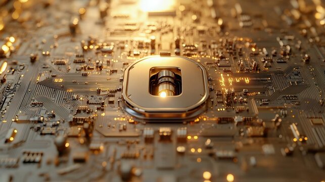 Close-up view of a golden computer circuit board, showcasing intricate details and technology. Perfect for tech enthusiasts and professionals.