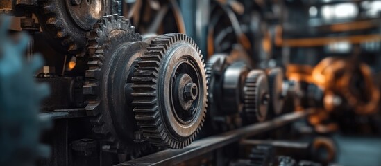 Fototapeta premium Industrial gear machinery in a workshop with detailed close-up view showing intricate components and Copy Space for text placement.