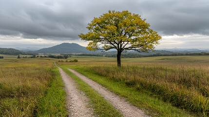 Fototapeta premium Lonely tree on rural road, autumn landscape, cloudy sky