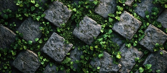 Textured cobblestone path overgrown with green moss and small plants with natural lighting and shadows Copy Space
