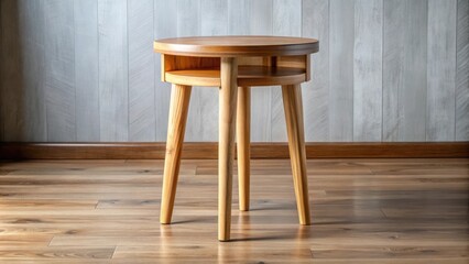 A simple and stylish wooden side table with a shelf for storage, standing on a hardwood floor against a white wall.