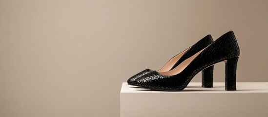 Elegant black high-heeled shoes on a pedestal with minimalist background and Copy Space for text placement