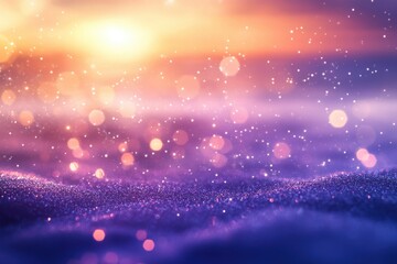 Naklejka premium Mesmerizing violet mist backdrop with shimmering sparkles and glowing bits, creating an enchanting atmosphere over terrain or water, perfect for dreamy and mystical photography themes