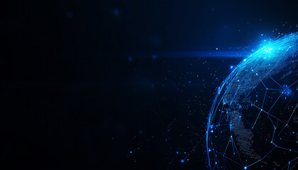 Digital globe in space with network connections on dark blue background, symbolizing technology and global communication.