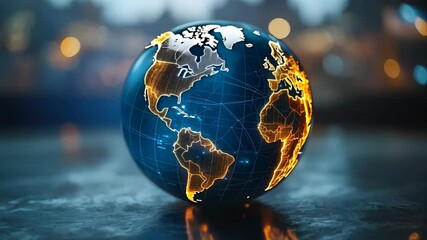 Rotating digital earth with glowing network connections in urban landscape - Powered by Adobe