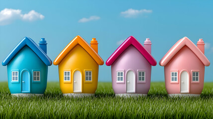 Colorful houses on grassy field, blue sky background; real estate illustration