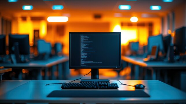 Computer coding on monitor in empty office at night