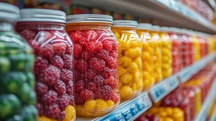 Bright jars filled with fresh raspberries line a grocery store shelf