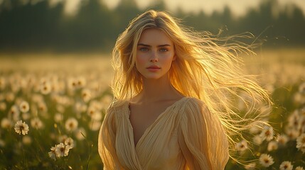 Golden Hour Beauty: A Woman in a Field of Daisies
