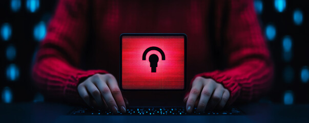 Person in red sweater using laptop with glowing padlock on screen, dark background.