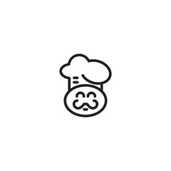 A chef's hat atop an oval shape with a smiling face and two curved lines resembling a mustache. Represents a cook, restaurant, culinary arts, or possibly a specific chef or food brand.