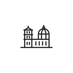 A simple line drawing of a cathedral with a dome and a bell tower. Resembles the Florence Cathedral (Duomo). Represents Italian architecture, a religious building, a landmark of Florence, or travel to