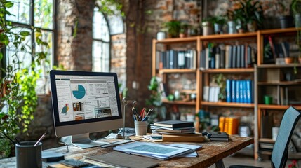Computer with charts on desk in rustic office with plants