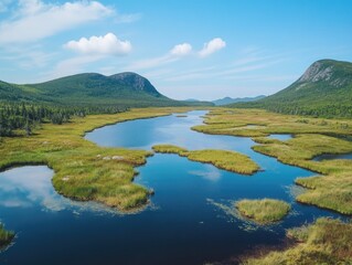 Obraz premium Aerial view of a mountain lake with grassy shores under a clear blue sky