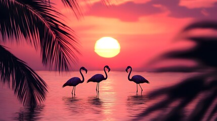 Majestic Flamingos Silhouetted Against a Vibrant Sunset Sky