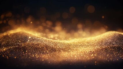 Glowing particles dance in a shimmering wave of golden light - Powered by Adobe