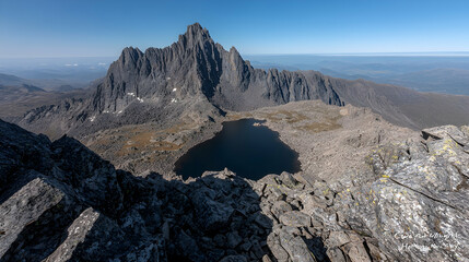 Mountain lake vista, aerial view, rocky peak, clear sky, travel backdrop