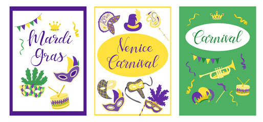 Bright and colorful carnival posters with Mardi Gras, Venice Carnival, and festive decorations including masks, crowns, drums, and trumpets. Vector vertical banners with had drawn drawings