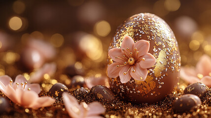 Naklejka premium Easter chocolate egg. A painted Easter egg. Golden Easter egg. Easter card and chocolate painted egg.