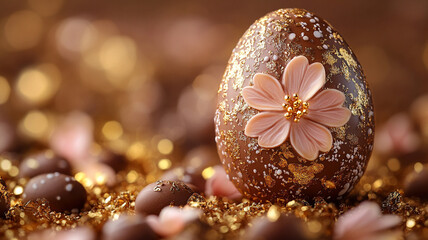 Easter chocolate egg. A painted Easter egg. Golden Easter egg. Easter card and chocolate painted egg.