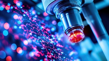 Close-Up of a Microscope with Colorful Digital Background Visuals