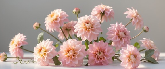 Delicate Pink Dahlias Blooming Abundantly In Sunlight.