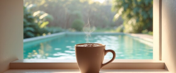 Hot chocolate cup in front of a window with a swimming pool view