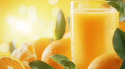 A glass of fresh orange juice on a bright yellow background. The cup comes with a straw inserted and is decorated with a green leaf and an orange slice.
