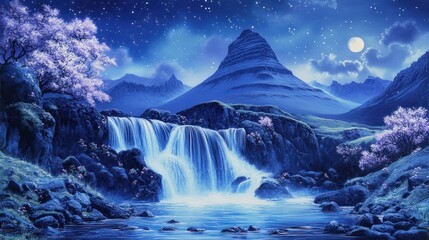 Naklejka premium Night Waterfall, Moonlit Mountain, Serenity, Peaceful Landscape, Fantasy Art