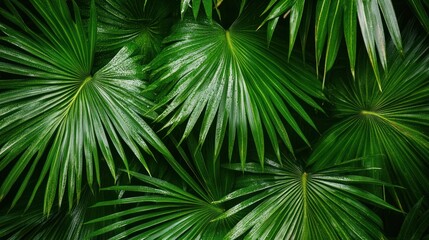 Lush Green Palm Fronds with Rainwater Droplets