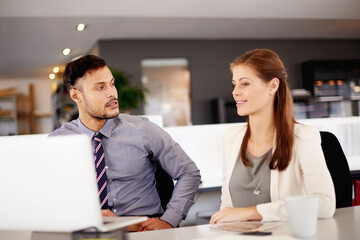 Fototapeta premium Teamwork, laptop and business people in meeting, planning and banking solution in office. Cooperation, workers and discussion with finance manager for payroll schedule, profit and revenue in account