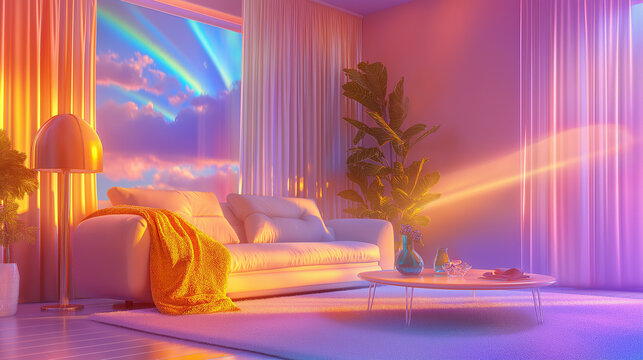 The warmth suffuses this minimalist yet stylish living space, augmented by lighting, plants, and decor.