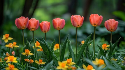 Fototapeta premium Coral tulips bloom in spring garden with daffodils in background