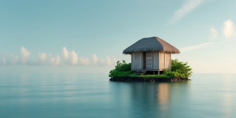 A small hut on a small island in the middle of the ocean