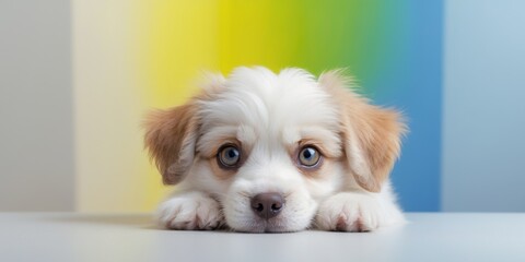 Adorable puppy peeking from bright yellow and blue background