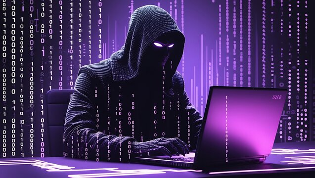 Neon Purple Cyber Criminal in Digital Matrix: Hooded Figure Typing on Laptop &ndash; Symbolizing Hacking, Cyber Attacks, and Online Security Vulnerabilities